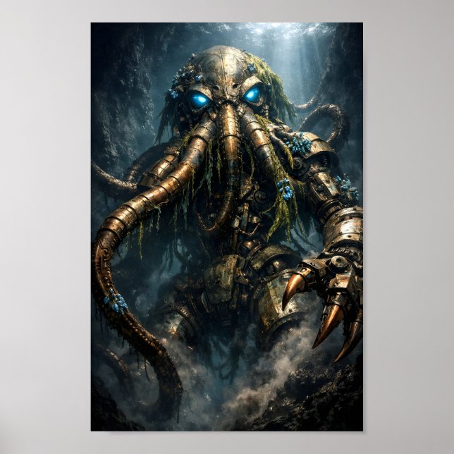 Poster Arte Kraken Mecha Steampunk de Mar Profundo (Frente)