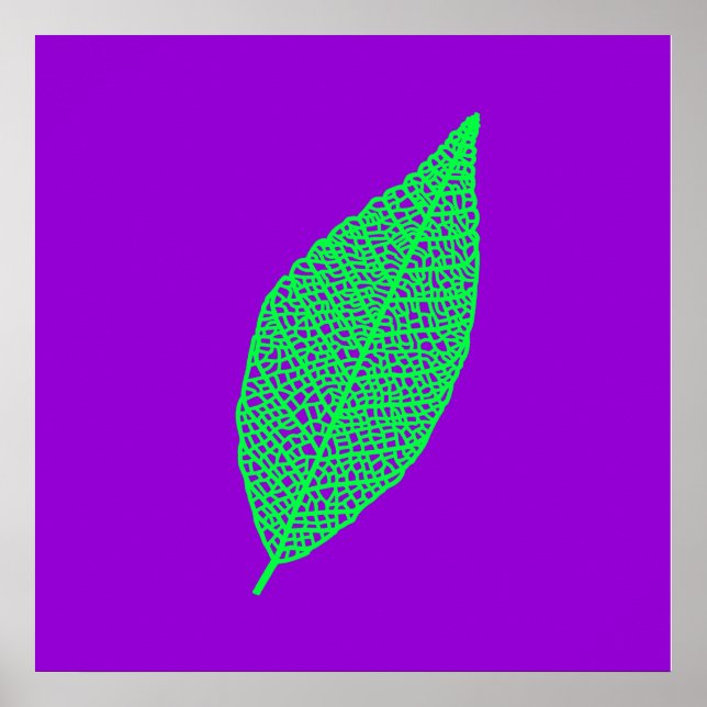 Poster Arte linear de folha de esqueleto roxa e verde (Frente)