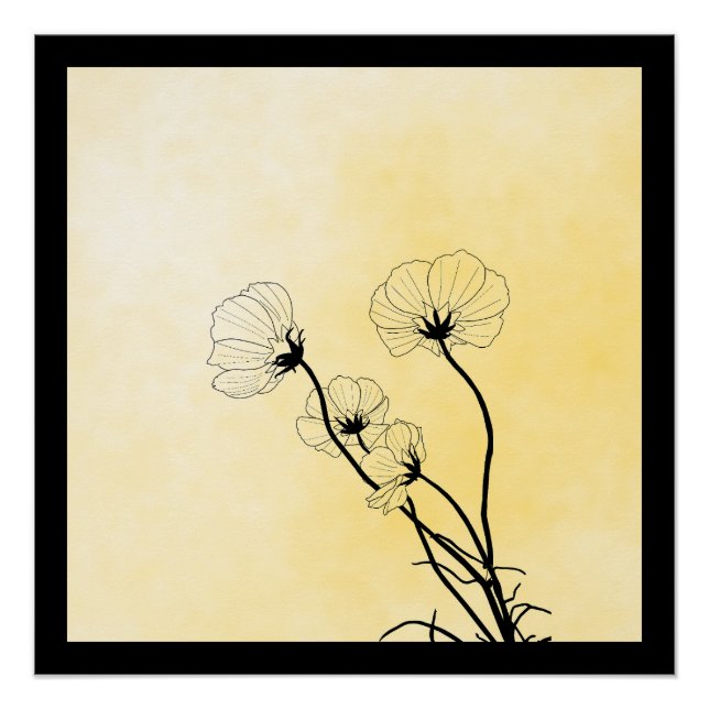 Pôster arte linear floral de orquídea em amarelo (Frente)