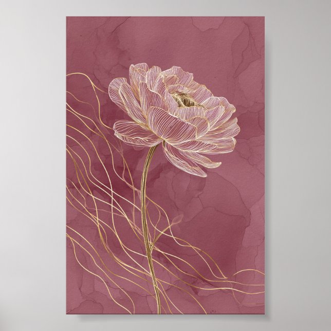 Poster Arte Linear Floral em Dourado Rosa Empoeirado Mini (Frente)