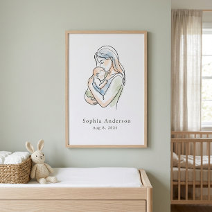 Poster Arte Linear Minimalista Personalizada de Mãe e Beb