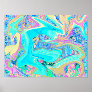 Poster Arte Líquida Azul Aqua Retro em Hortênsias Abstrat