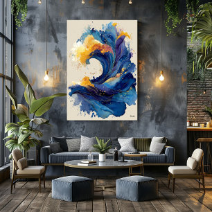 Poster Arte Líquido de Onda Oceânica Abstrata Azul Ouro F