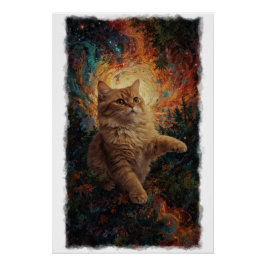 Pôster Arte Mágica de Natal com Gatinho Gengibre