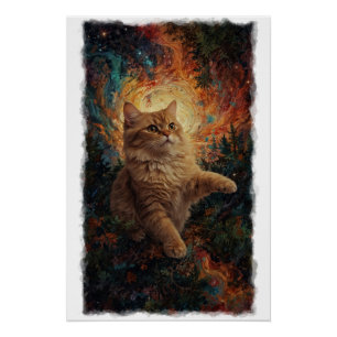 Pôster Arte Mágica de Natal com Gatinho Gengibre