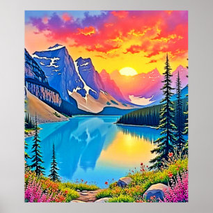 Poster Arte Majestosa do Lago da Montanha ao Pôr do Sol