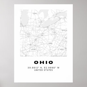 Poster Arte Map Minimalista de Ohio - Preto e Branco