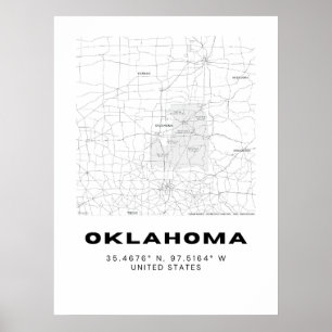 Poster Arte Map Minimalista de Oklahoma - Preto e Branco