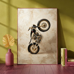 Poster Arte Minimalista Bege de Moto Antiga em Wheelie