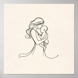 Poster Arte Minimalista de Linha de Mãe e Bebê