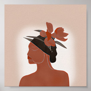 Poster Arte minimalista de mulher em duo tom e chapéu flo
