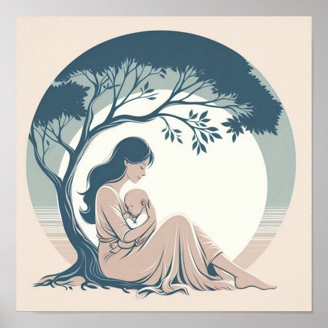 Poster Arte minimalista pastel de mãe com bebê (Frente)