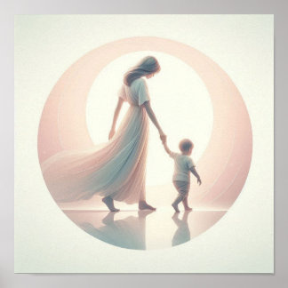 Poster Arte Minimalista Pastel de Mãe com Bebê