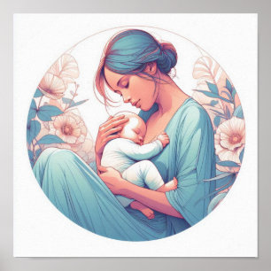 Poster Arte Minimalista Pastel de Mãe com Bebê