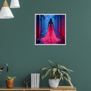 Poster Arte Misteriosa de Cyberpunk com Luz Rosa em Beco
