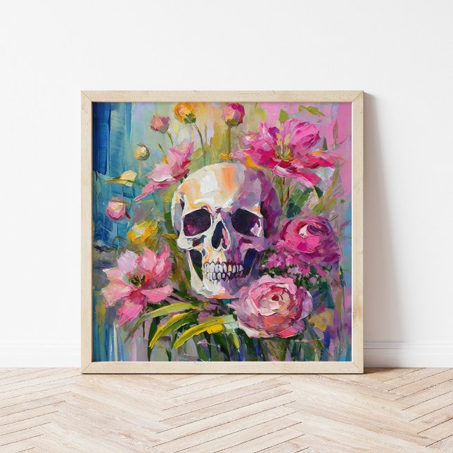 Poster Arte Moderna Ainda Vida Abstrato crânio e flores (Criador carregado)