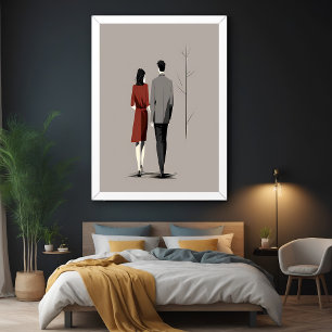 Pôster Arte Moderna de Casal Minimalista Caminhando Junto