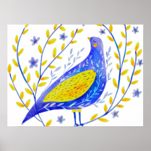 Poster Arte Moderna de Pássaro Azul e Amarelo em Aquarela