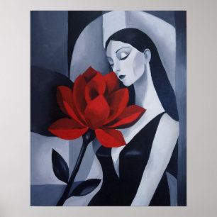 Poster Arte Moderna Mulher com Flor Rosa Vermelha Retrato