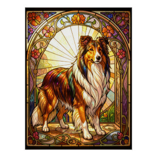 Pôster Arte Nouveau em Vidro Colorido de Rough Collie
