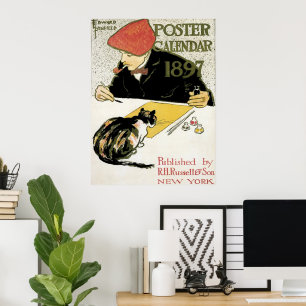 Poster Arte Nova Antiga, Artista Pintando com Gato de Est