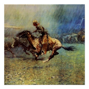 Pôster Arte Ocidental de Frederic Remington “A Estampida”