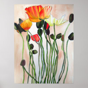 Pôster Arte original da flor do watercolour das papoilas