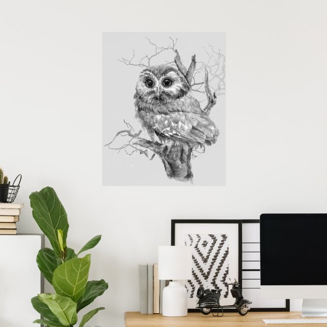 Poster Arte Original de Aquarela de Coruja Bebê (Escritório em casa)