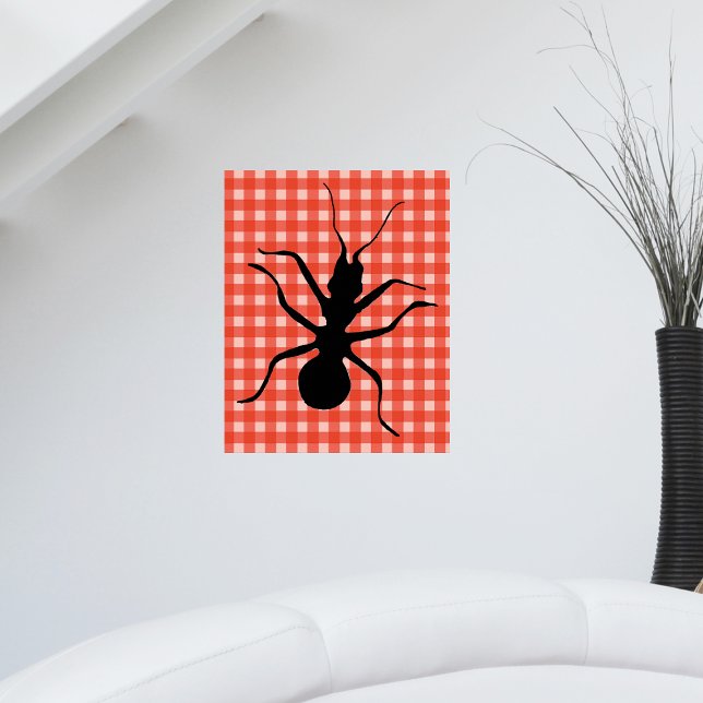 Poster Arte original de Xadrez Rastreável Ant (Big black ant on picnic tablecloth red white plaid pattern on wall art poster.)