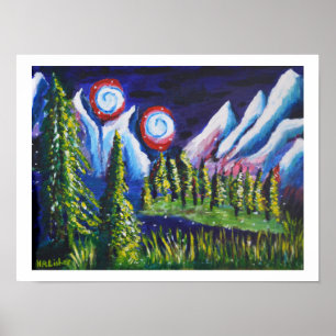 Poster arte paisagística de montanhas de duas luas