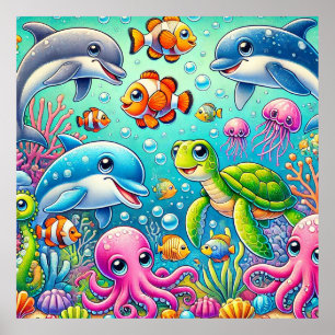 Poster Arte para Parede Infantil Animais Marinhos Cena Su