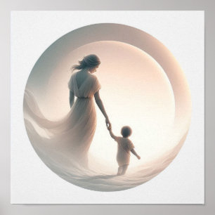 Poster Arte Pastel Minimalista de Mãe com Bebê