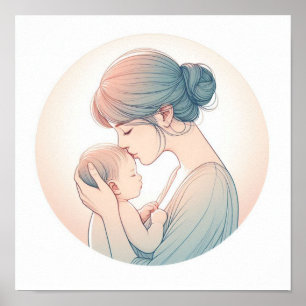 Poster Arte Pastel Minimalista de Mãe com Bebê