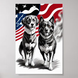 Poster Arte Patriótica de Dois Cães com Bandeira 