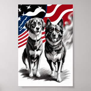 Poster Arte Patriótica de Dois Cães com Bandeira 