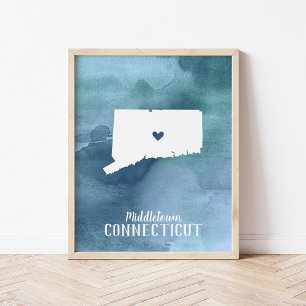 Pôster Arte personalizada do mapa de Connecticut aguarela