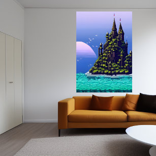Poster Arte Pixel, Castelo numa rocha e num oceano   Arte