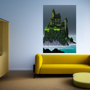 Poster Arte pixel, castelo único numa rocha   Arte AI