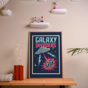 Poster Arte Pixel Retro Neon Rosa e Verde Água Invasores 