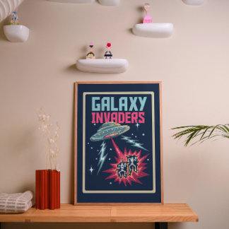 Poster Arte Pixel Retro Neon Rosa e Verde Água Invasores 