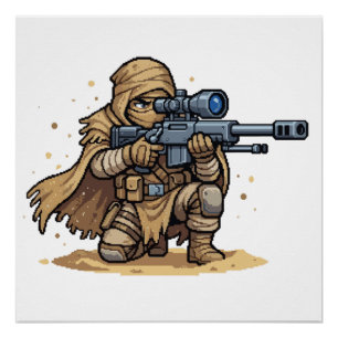Pôster Arte Pixel Sniper Tático Soldado Deserto Militar