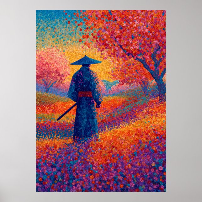 Poster Arte Pontilhista de Samurai e Flor de Cerejeira (Frente)