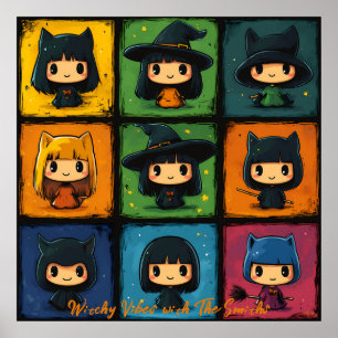 Poster Arte Pop Chibi Bruxas Grade Arte de Parede Fofo de