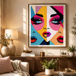 Poster Arte Pop Colorida Bela Face de Mulheres Abstratas