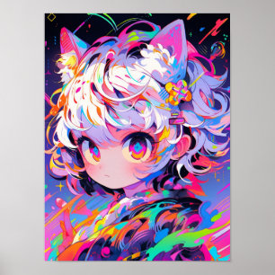 Poster Arte Pop de Garota Gato Abstrata Neon