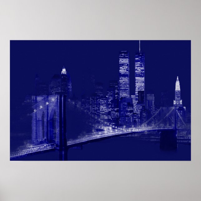 Poster Arte Pop Noturno Azul da Cidade de Nova York (Frente)