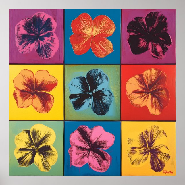 Poster Arte Pop Vibrante de Flor de Hibisco em Grid – Mod (Frente)