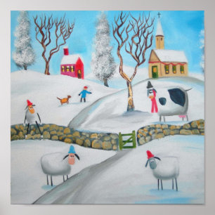 Pôster arte popular ingénua da cena da neve do inverno