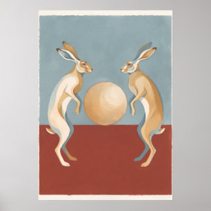 Poster Arte Popular Lebres Dançantes e Lua Dourada
