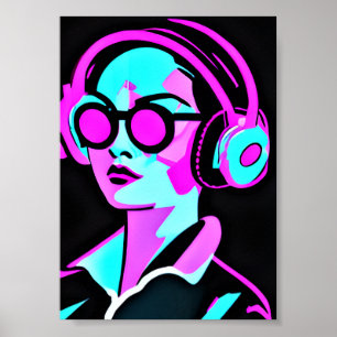 Poster Arte Psicodélica Mulher em Fones de ouvido